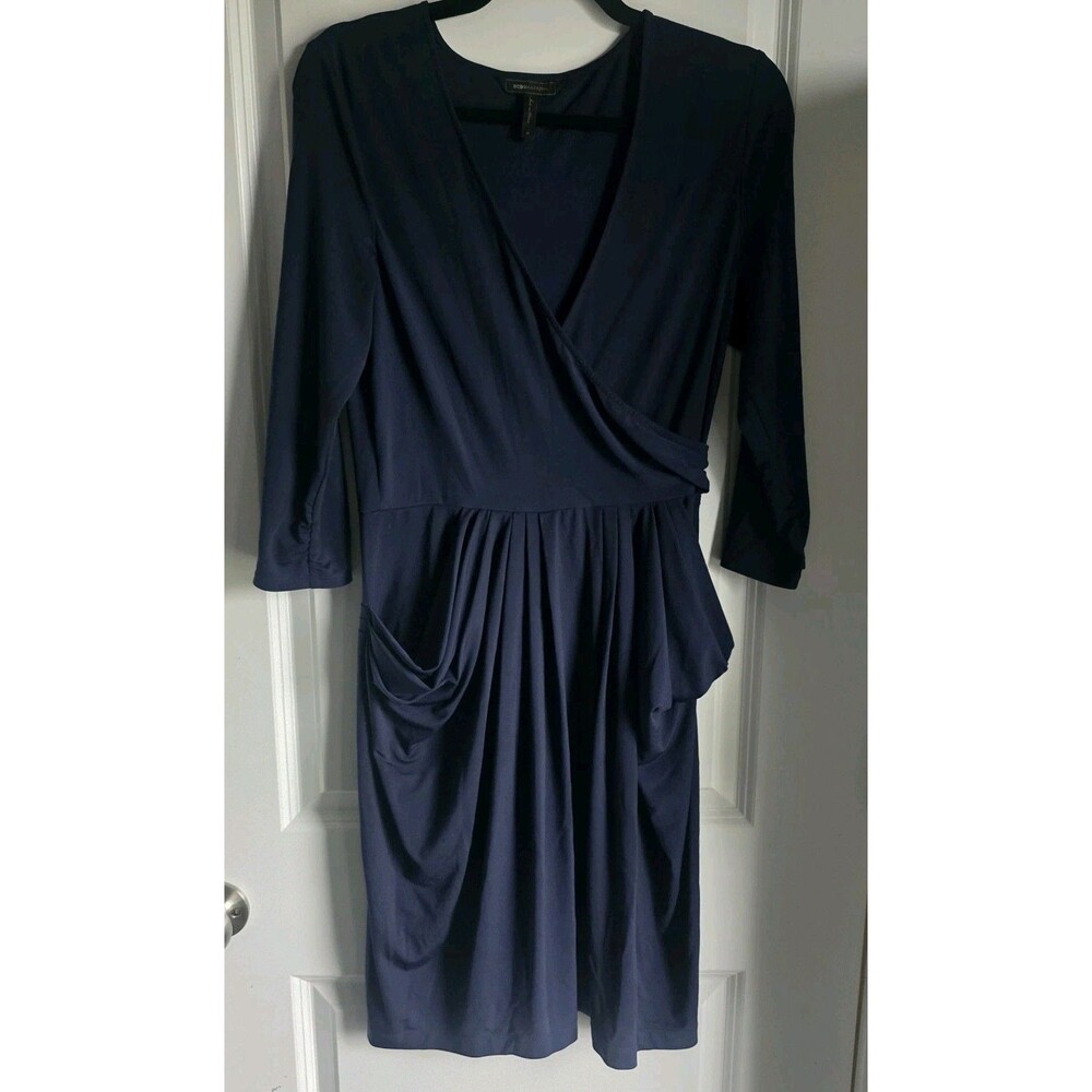 BCBGMAXAZRIA Women's Navy Faux Wrap Midi Dress 3/4 Sleeve V-Neck Ruched  M
